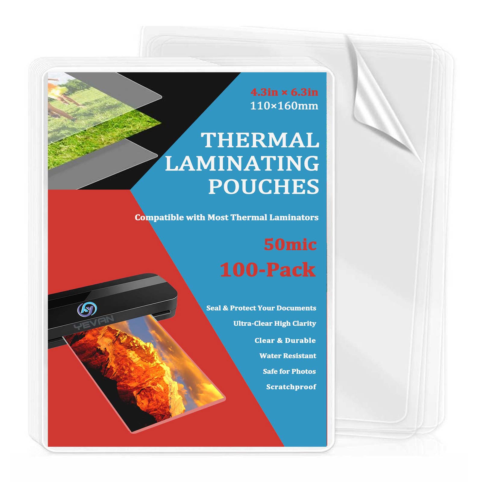Document Laminator Pouch - 100매 4.3×6.3인치 열 라미네이팅 파우치, 투명