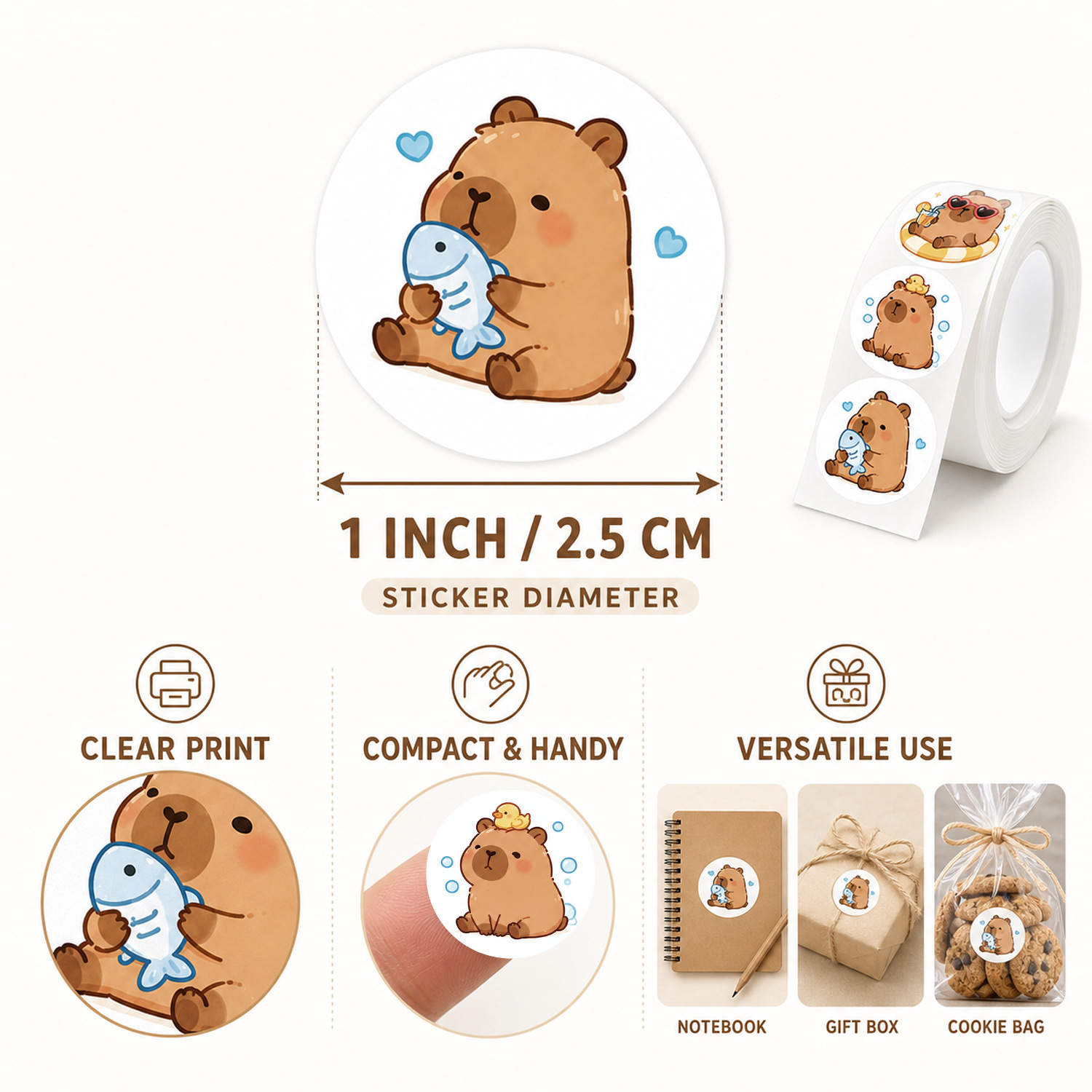 JCAC 500개/롤 귀여운 만화 카피바라 PVC 자가 - Sticker Label Roll 리뷰 및 가격